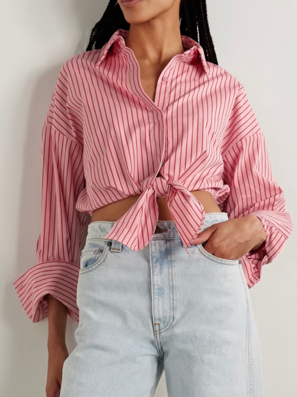 STAUD Lisa Poplin Pink Red Striped Cropped Tie Front Top